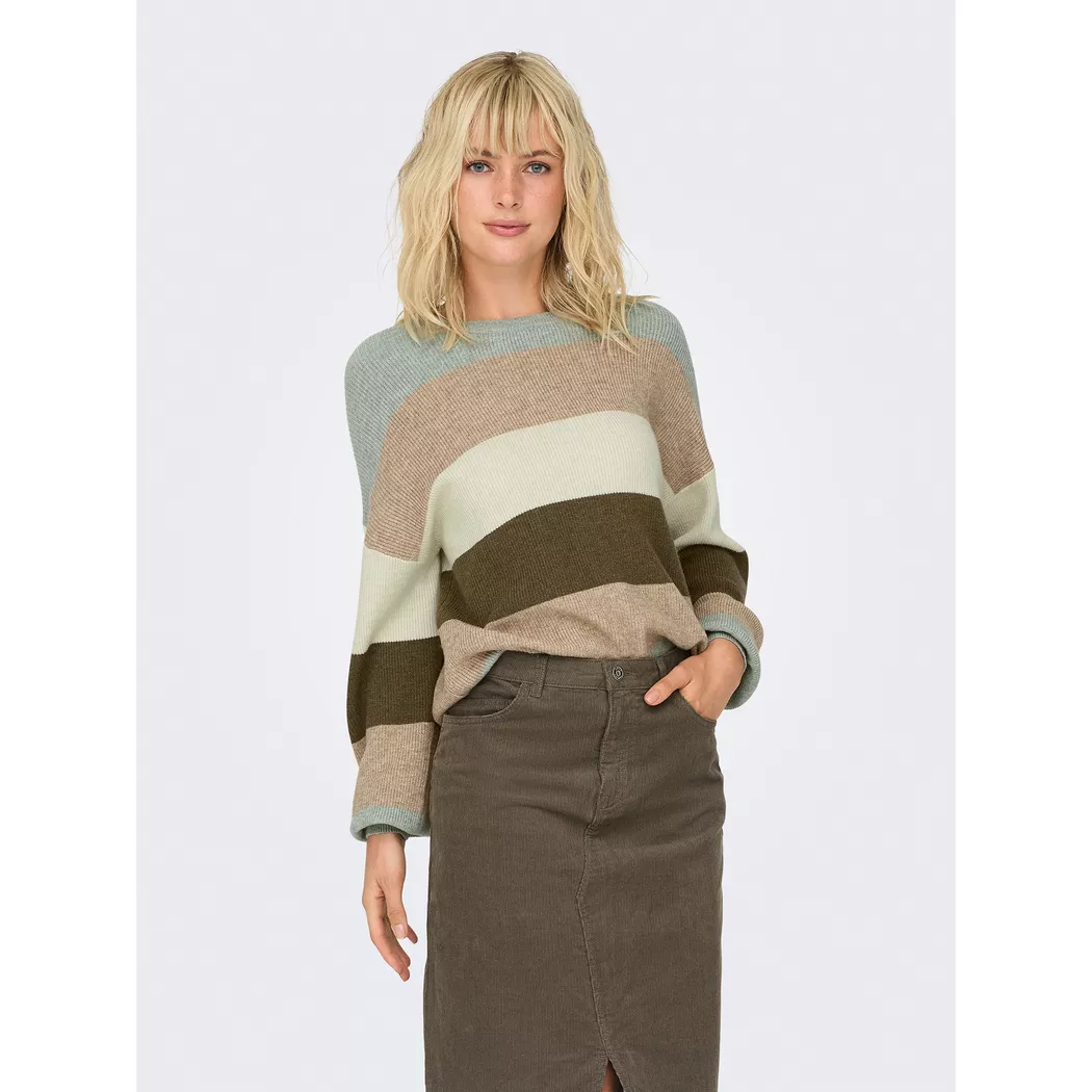 Strickpullover ONLY "ONLATIA L/S STRIPE PULLOVER KNT NOOS", Damen, Gr. M, grün (hedge grün stripes:with toasted coconut, pumice stone, breen), Strick, Obermaterial: 50% Viskose, 27% Nylon, 23% Polyester, gestreift, regular fit normal, Rundhals, Rippstrick