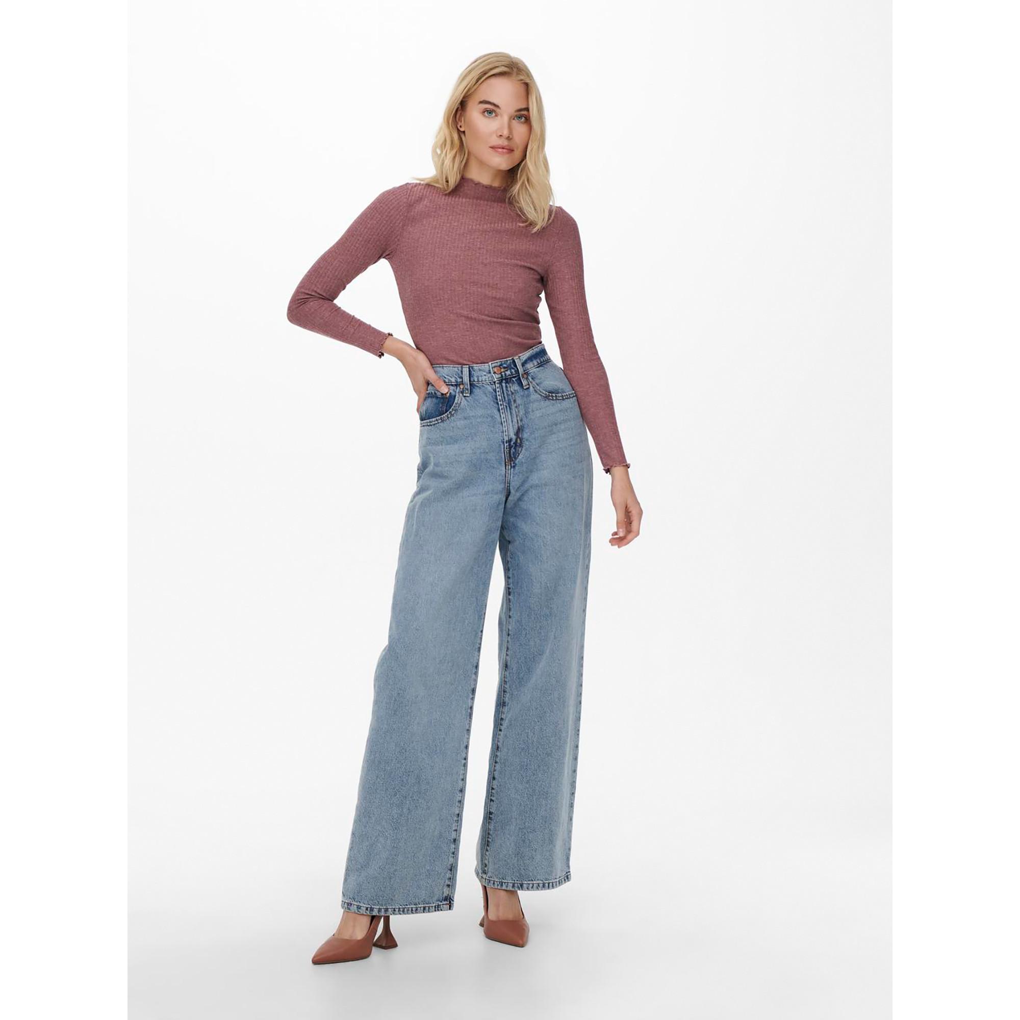 ONLY T-shirt Maniche Lunghe Collo Coreana a Costine  