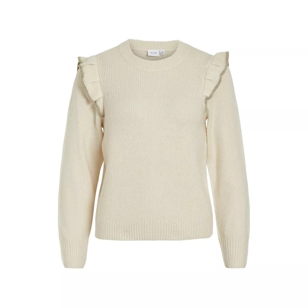 Rundhalspullover VILA "VILOWEN L/S POINTELLE KNIT TOP/PB", Damen, Gr. M, birch, Strick, Obermaterial: 90% Baumwolle, 10% Nylon, unifarben, normal, Rundhals, Pullover Rundhalspullover 2