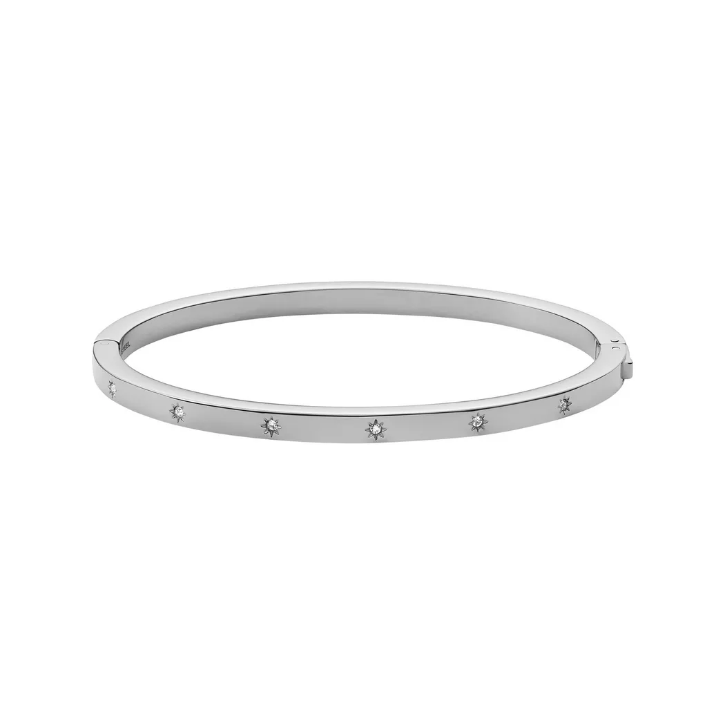 Armreif FOSSIL "Schmuck Geschenk Edelstahl Armschmuck SADIE", silber (edelstahlfarben, kristallweiß, kristallweiß), Armbänder, Damen, 17,5cm, Edelstahl, Armreif, mit Glasstein