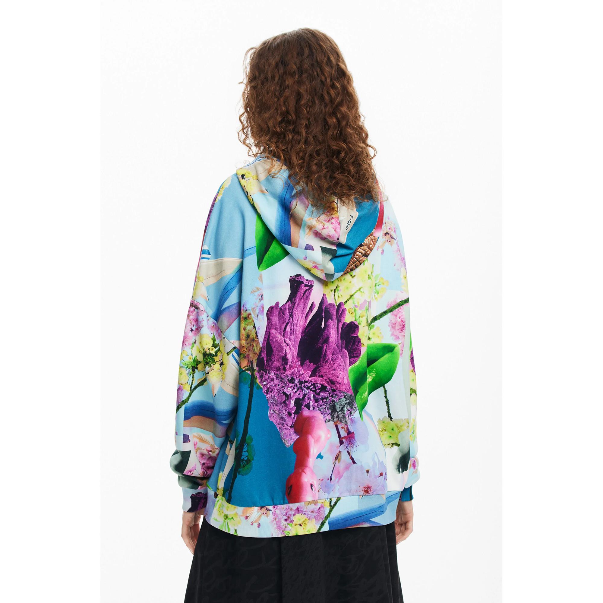 Desigual Felpa con Cappuccio Oversize Stampa Floreale  