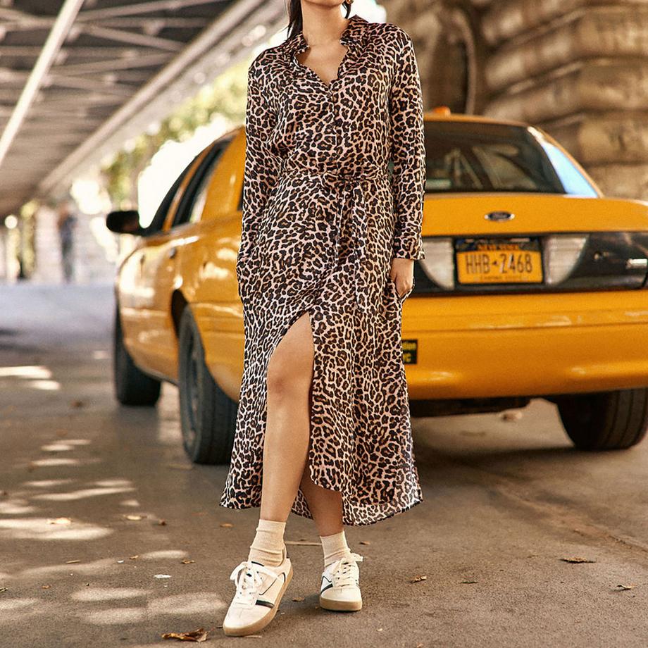 La Petite Etoile Abito Midi Maniche Lunghe Stampa Leopardata  