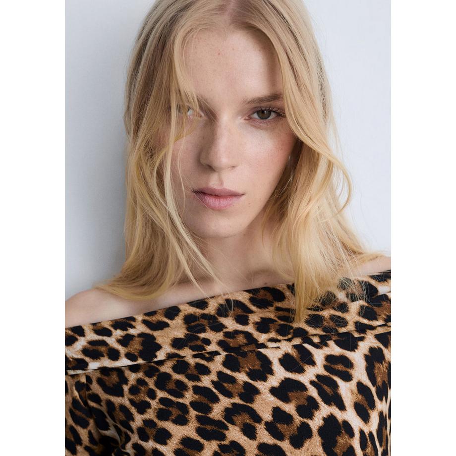 MANGO Stark Robe Mini Imprimé Léopard Épaules Dénudées  
