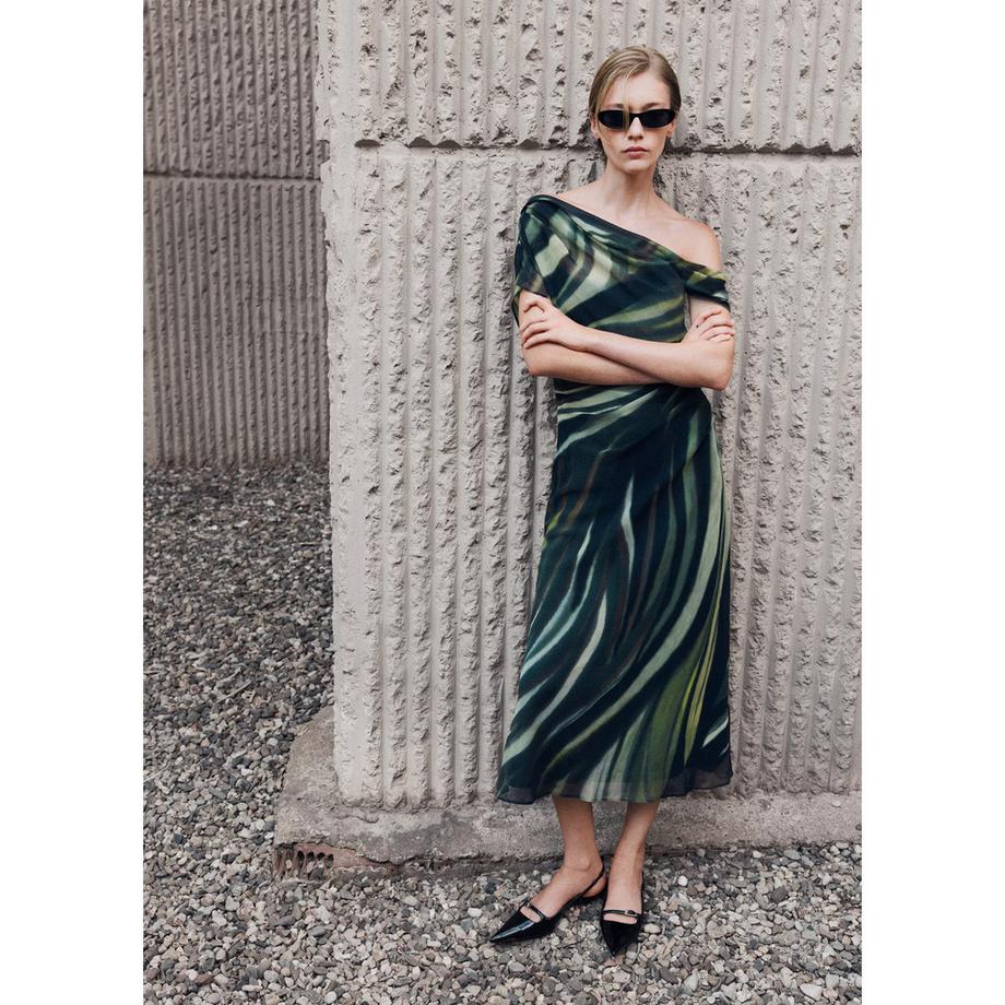 MANGO Donny Robe Midi Asymétrique Épaules Dénudées  