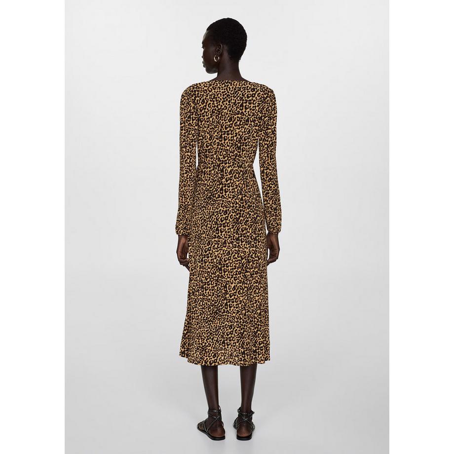 MANGO LIN Leopard Print Langarm Midikleid  
