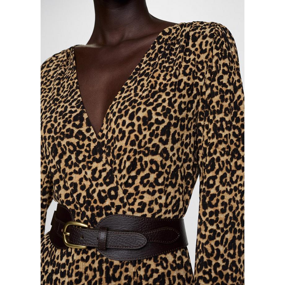 MANGO LIN Leopard Print Langarm Midikleid  