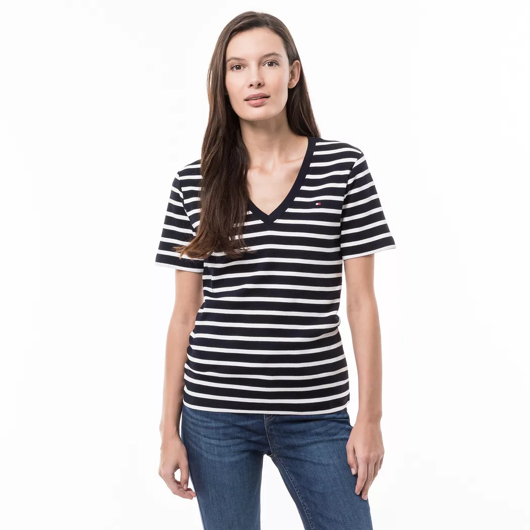 Tommy Hilfiger T-shirt à Manches Courtes Et Col En V Slim Cody Nos Breton Desert Sky / Ecru M Femme