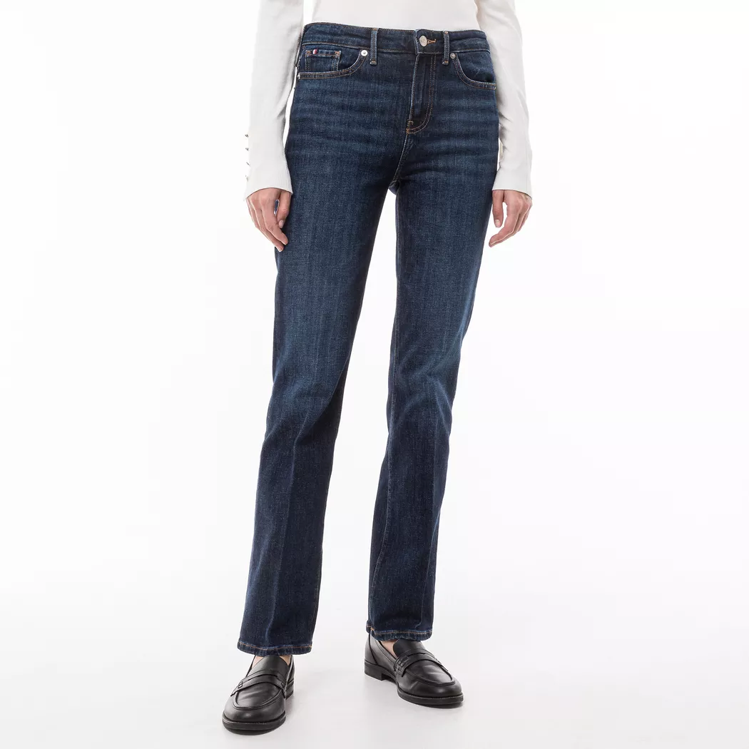 Bootcut-Jeans TOMMY HILFIGER "BOOTCUT RW PATY", Damen, Gr. 32, Länge 32, blau (nos dunkelblau), Denim/Jeans, Obermaterial: 99% Baumwolle, 1% Elasthan, unifarben, bootcut fit lang, Jeans, mit Tommy Hilfiger Logo-Badge, Regular Waist