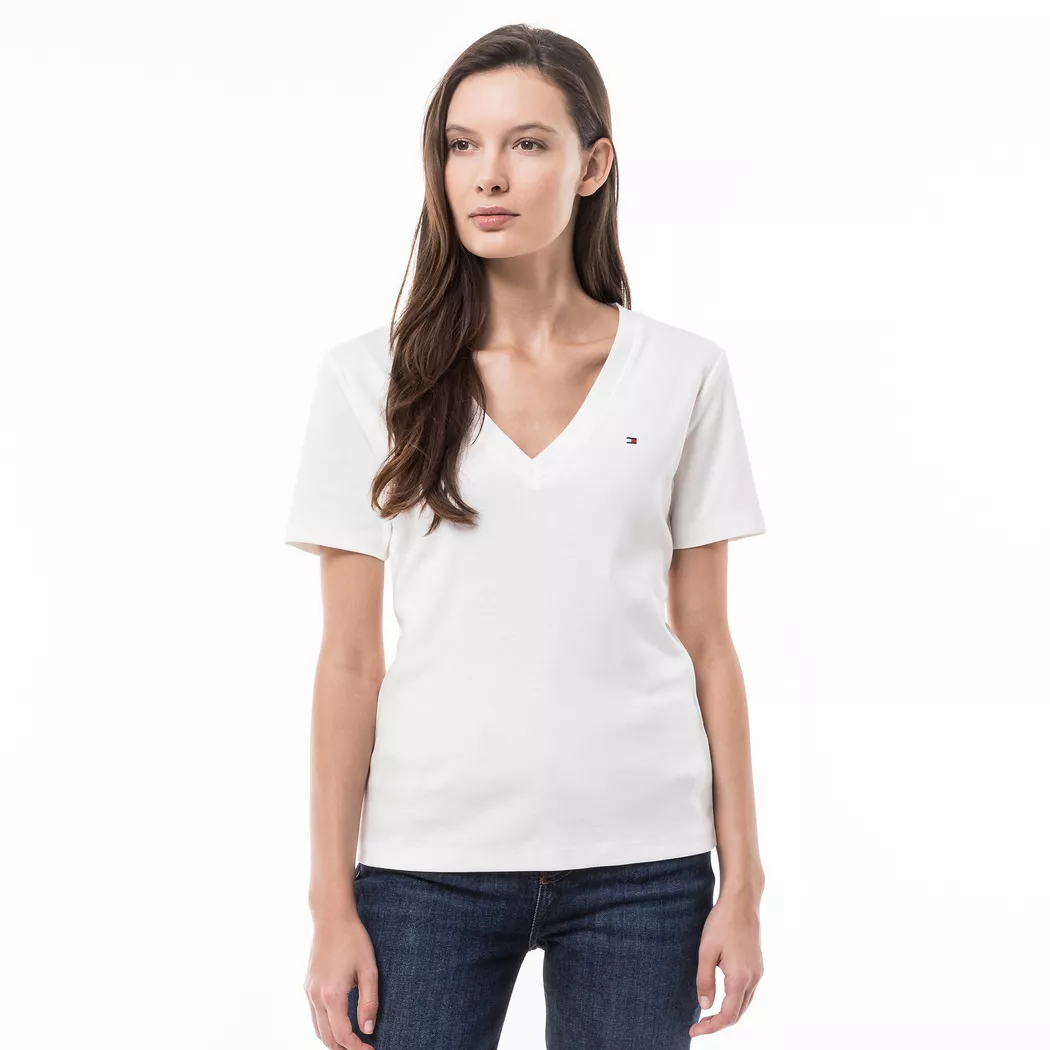 Tommy Hilfiger T-shirt à Manches Courtes Et Col En V Slim Cody Nos Ecru M Femme