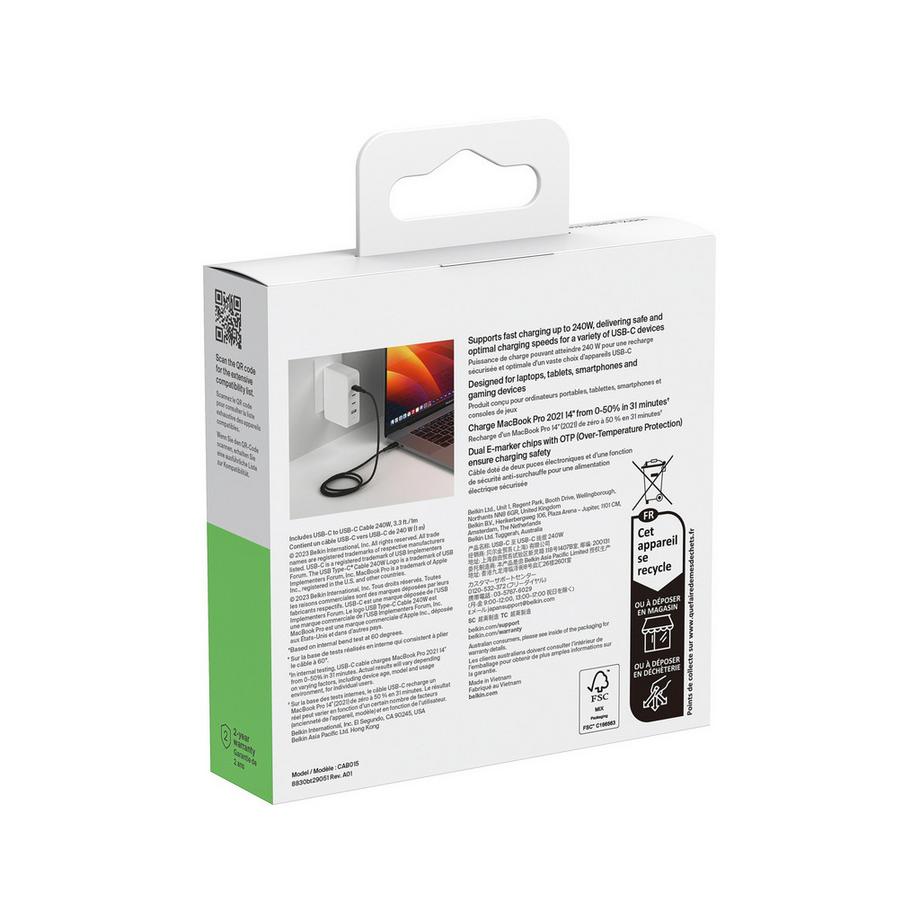 belkin USB-C to USB-C Cable 240W 1m Adapter 
