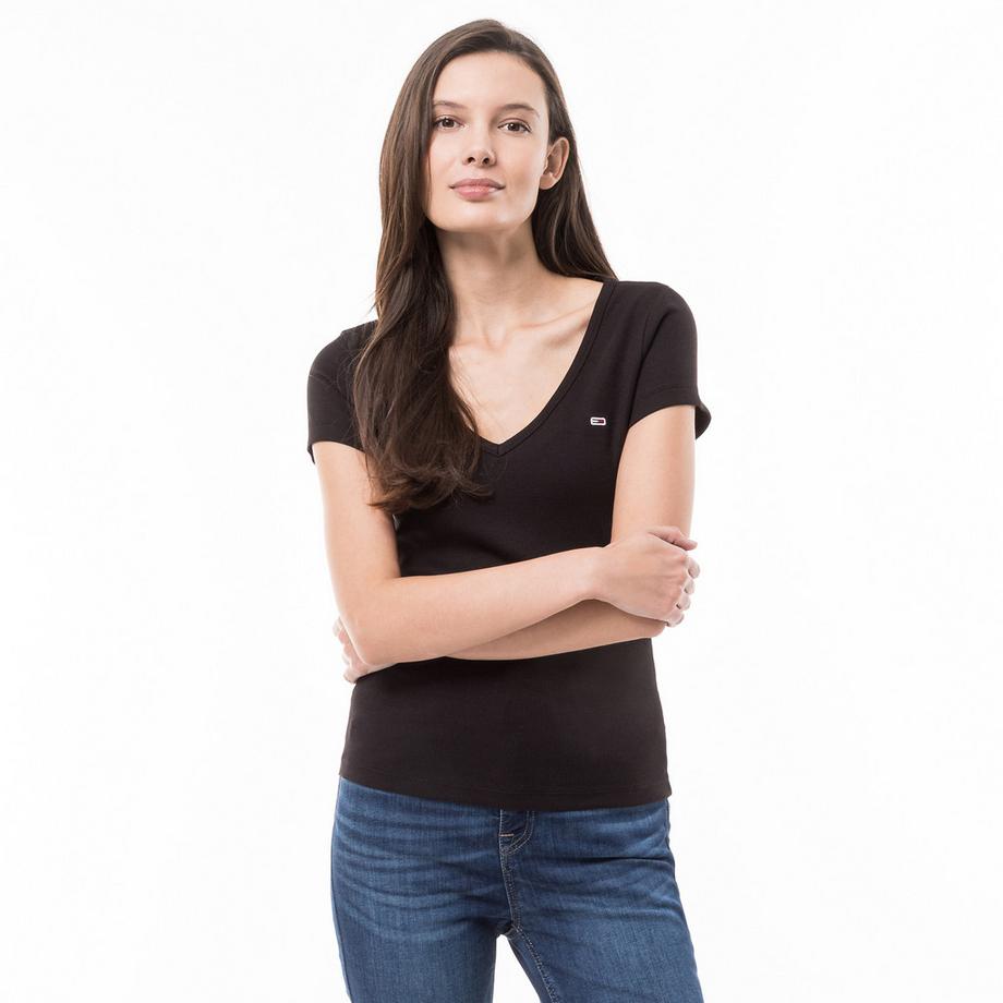 TOMMY JEANS TJW Slim Essential Geripptes V-Ausschnitt T-Shirt  