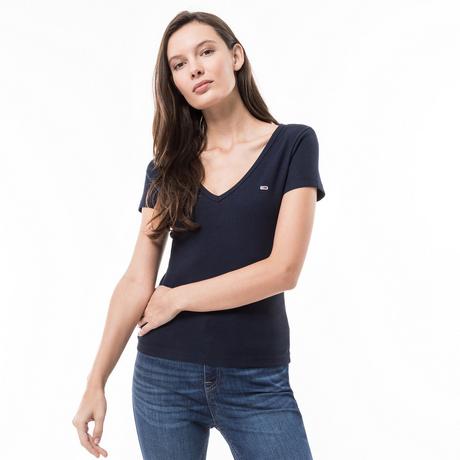 TOMMY JEANS TJW Slim Essential Geripptes V-Ausschnitt T-Shirt  
