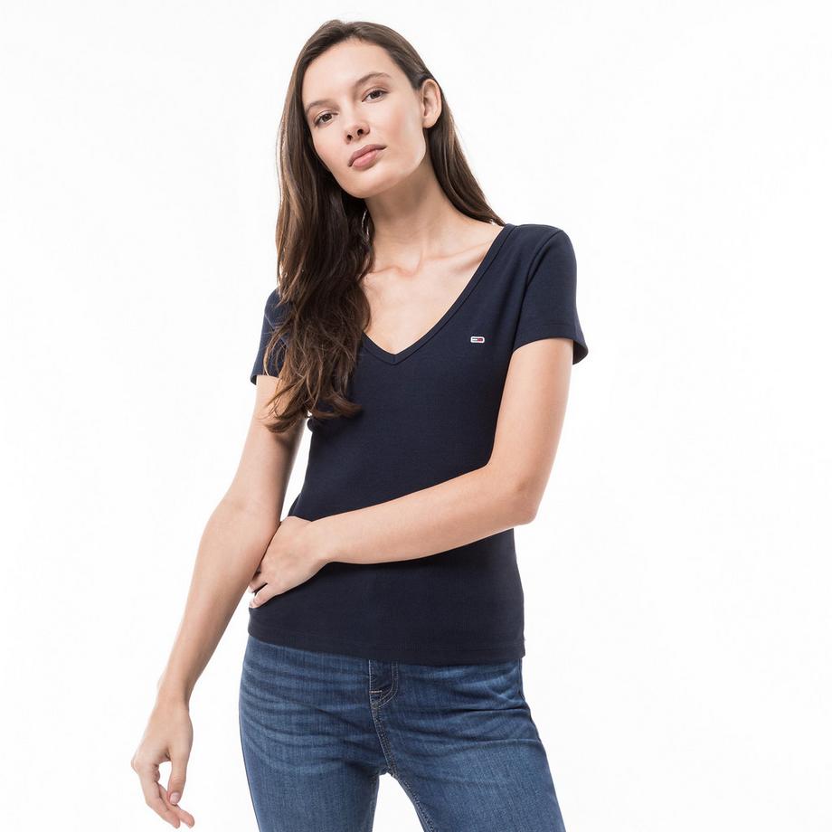 TOMMY JEANS TJW Slim Essential Geripptes V-Ausschnitt T-Shirt  