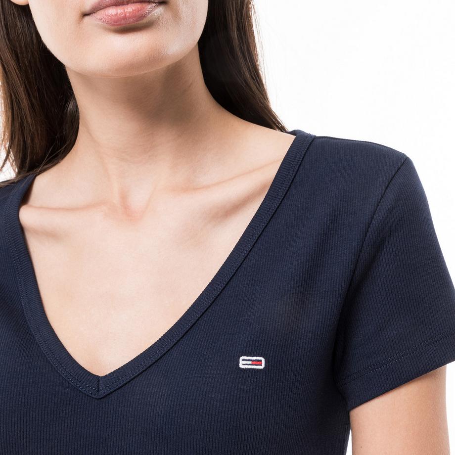 TOMMY JEANS TJW Slim Essential Geripptes V-Ausschnitt T-Shirt  