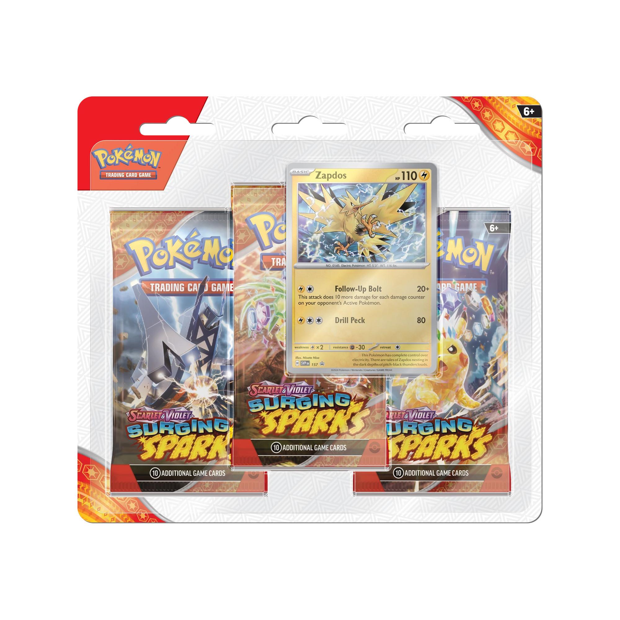 Pokémon  SV08 'Surging Sparks' Three Pack Blister, Zufallsauswahl 