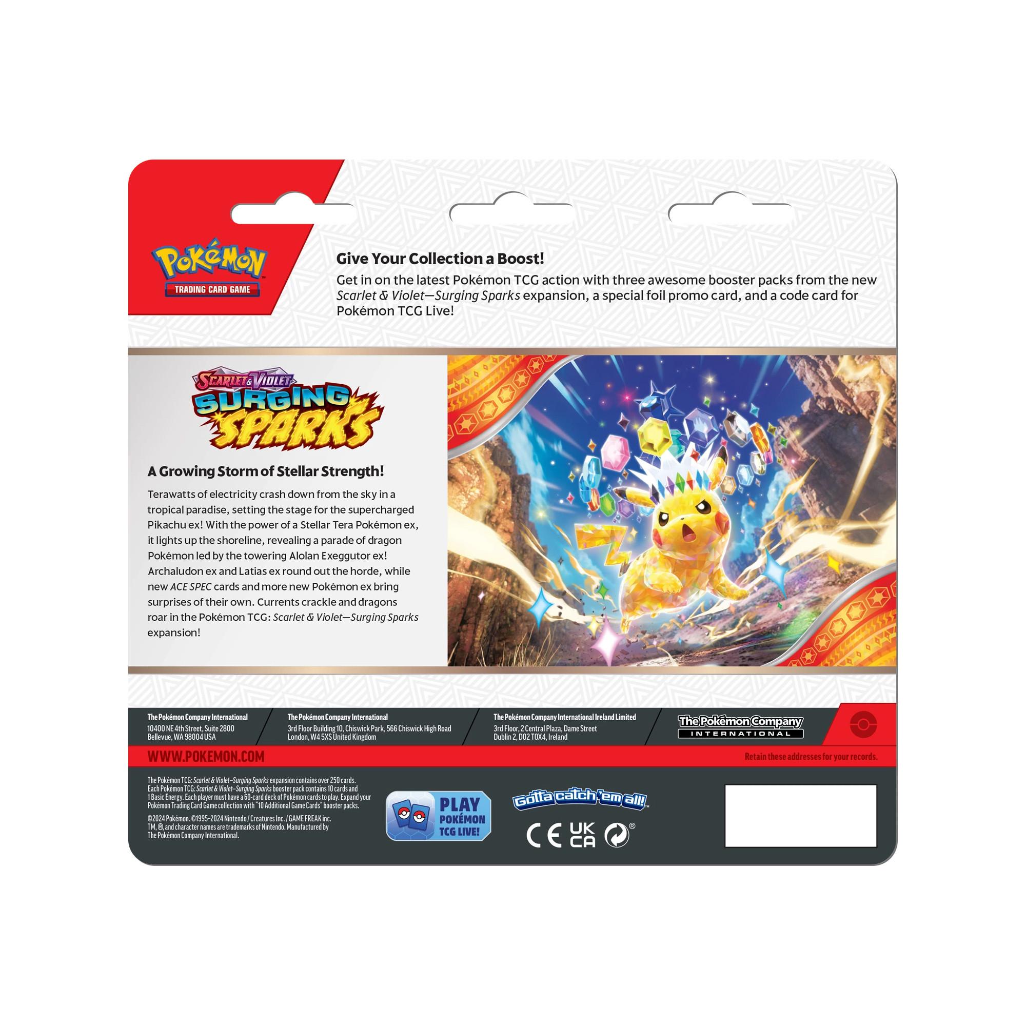 Pokémon  SV08 'Surging Sparks' Three Pack Blister, Zufallsauswahl 