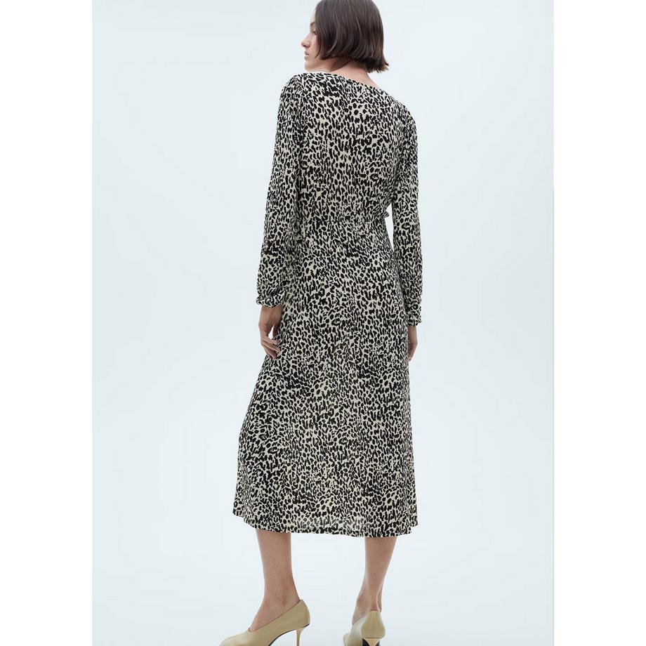 MANGO Lin Vestito Midi Stampa Leopardata Scollo a V Maniche Lunghe  