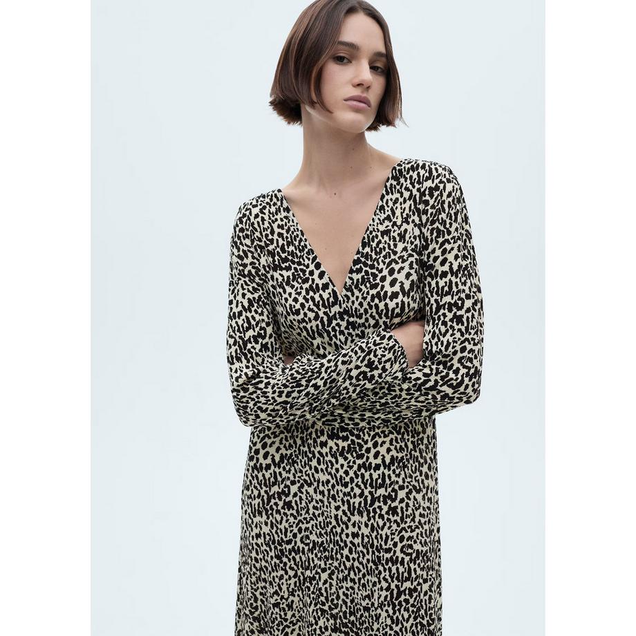 MANGO Lin Vestito Midi Stampa Leopardata Scollo a V Maniche Lunghe  