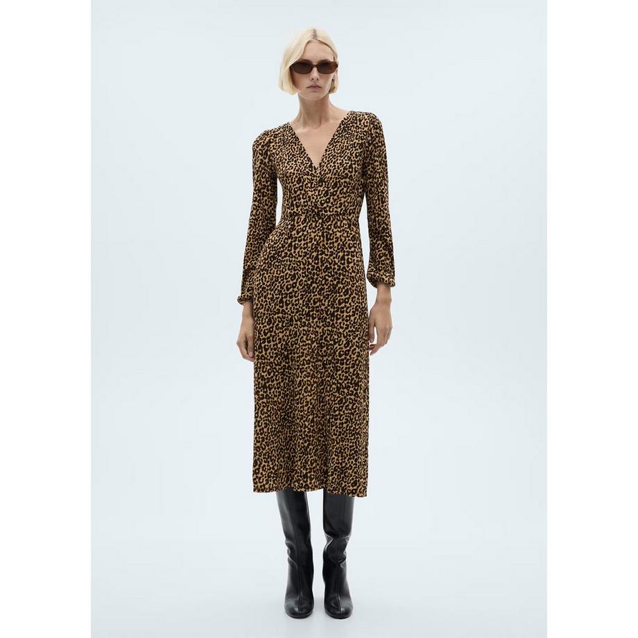 MANGO LIN Leopard Print Langarm Midikleid  