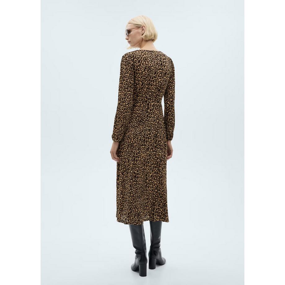 MANGO LIN Leopard Print Langarm Midikleid  