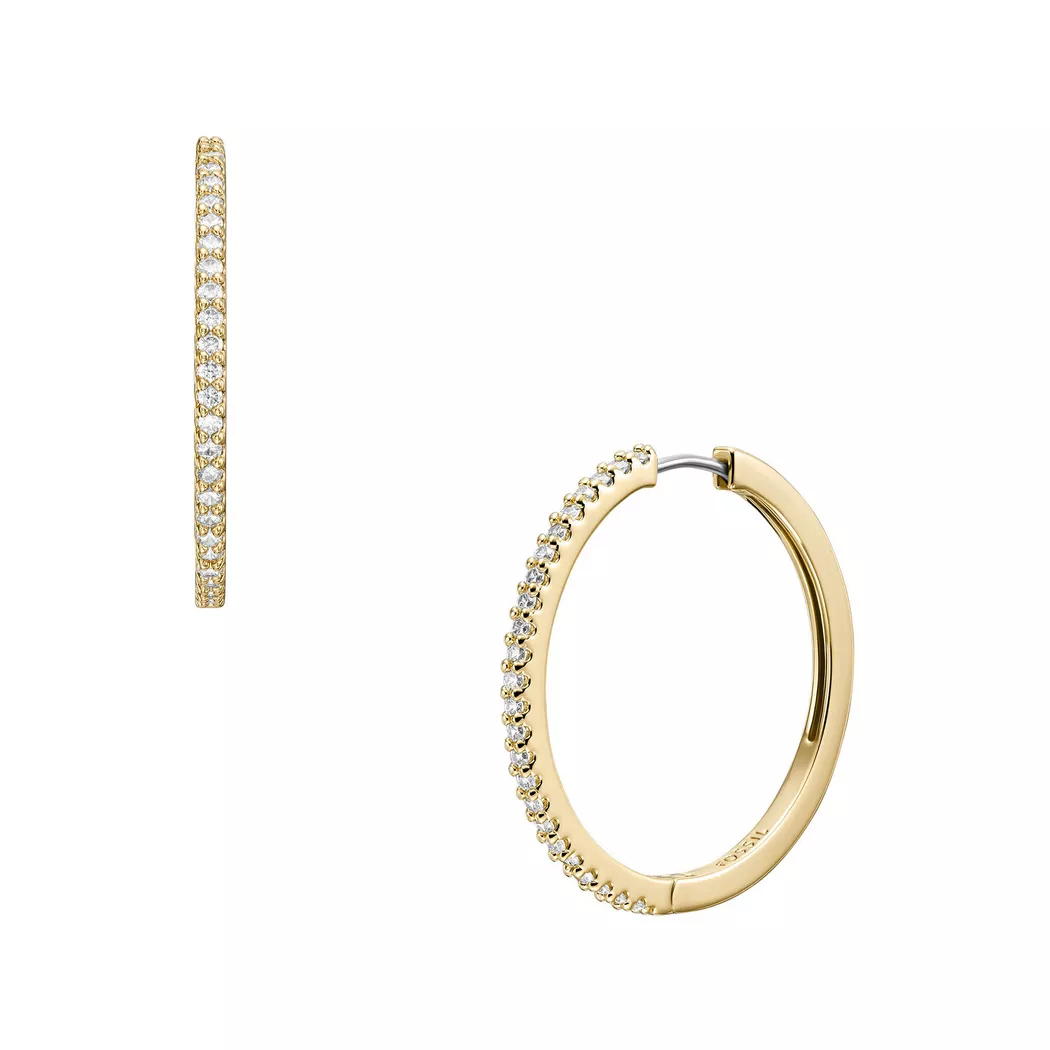 Paar Creolen FOSSIL "Schmuck Geschenk Metall Ohrringe Ellis", gelb (gelbgoldfarben, metallfarben, kristallweiß, kristallweiß), Ohrringe, Damen, 30mm, Metall, mit Zirkonia (synth.)