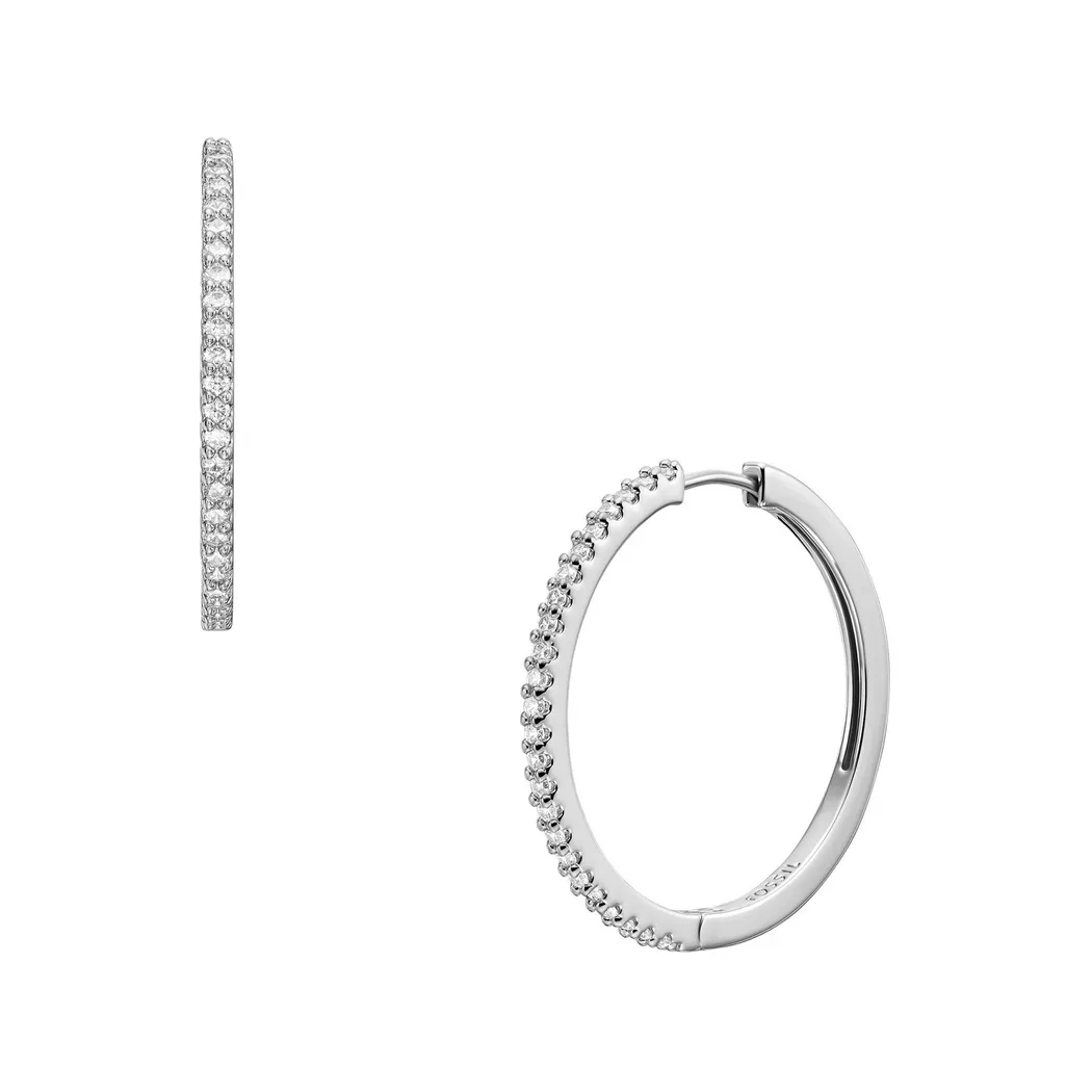 Paar Creolen FOSSIL "Schmuck Geschenk Edelstahl Ohrringe Ellis", silber (edelstahlfarben, kristallweiß, kristallweiß), Ohrringe, Damen, 12mm, Edelstahl, mit Glasstein