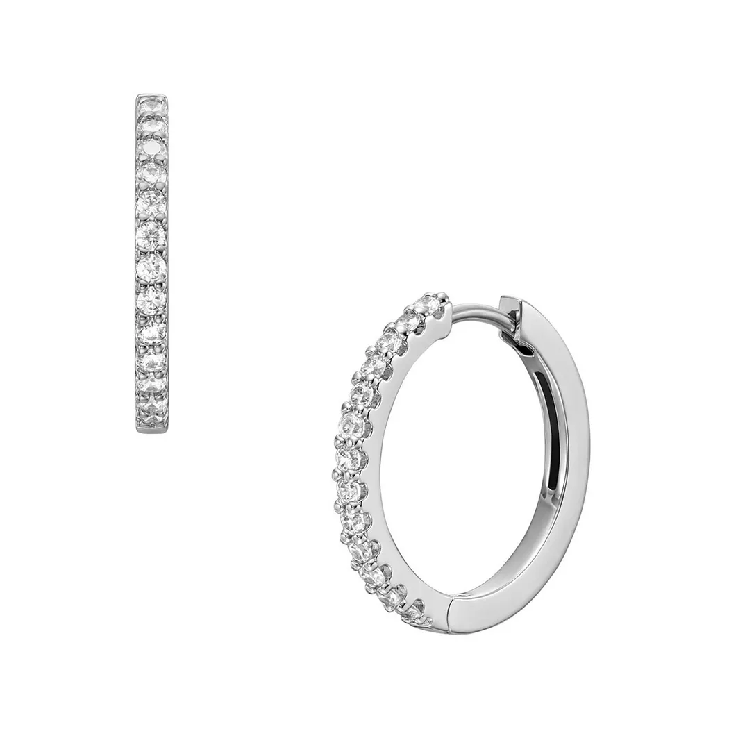 Paar Creolen FOSSIL "Schmuck Geschenk Edelstahl Ohrringe Ellis", silber (edelstahlfarben, kristallweiß, kristallweiß), Ohrringe, Damen, 12mm, Edelstahl, mit Glasstein 2