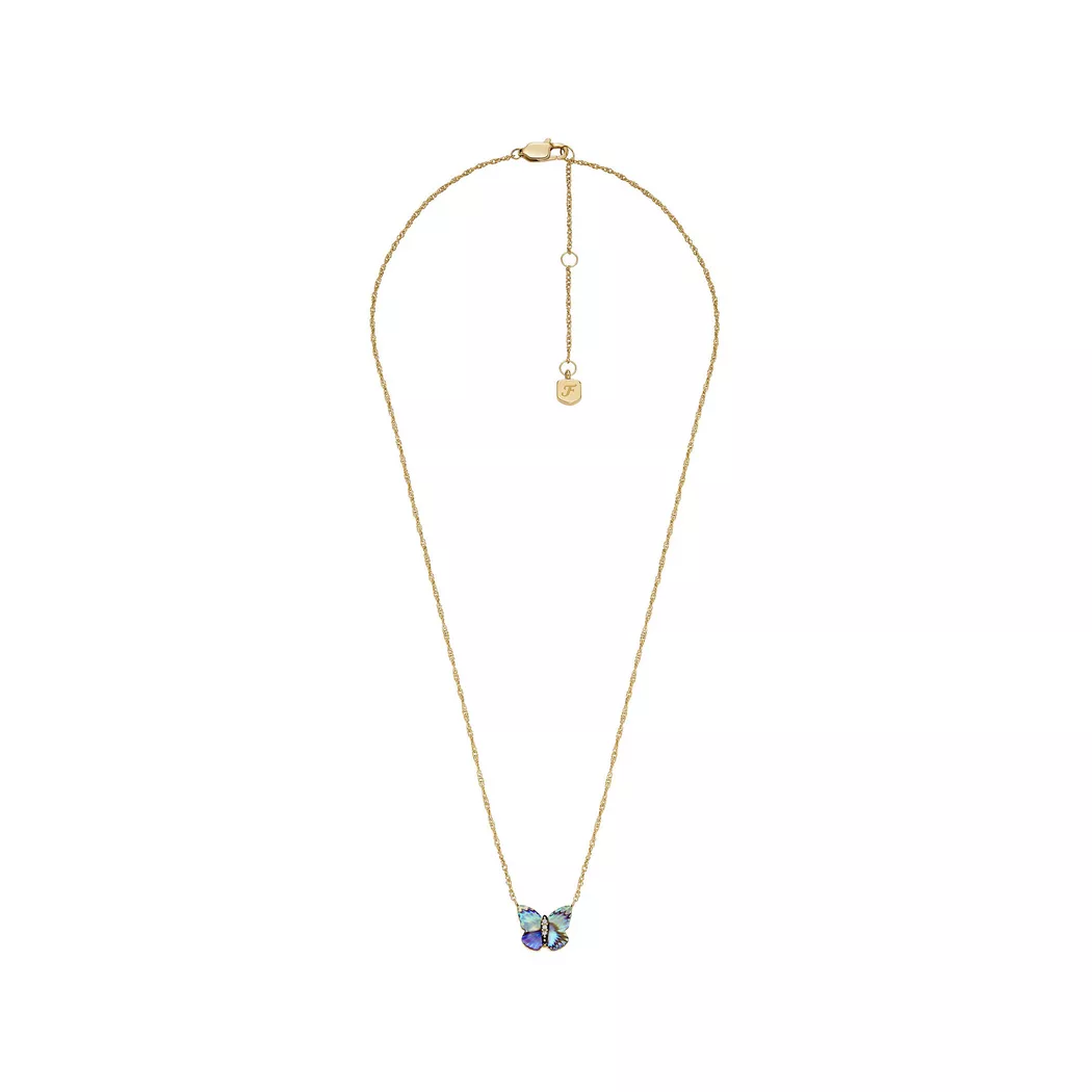 Kette mit Anhänger FOSSIL "Schmuck Geschenk Edelstahl Halskette Sutton Schmetterling", bunt (gelbgoldfarben, schwarz, kristallweiß, multicolor, perlmuttfarben), Halsketten, Damen, Edelstahl, L: 46 B: 1mm, mit Glasstein - mit Abalone-Perlmutt, B:1mm