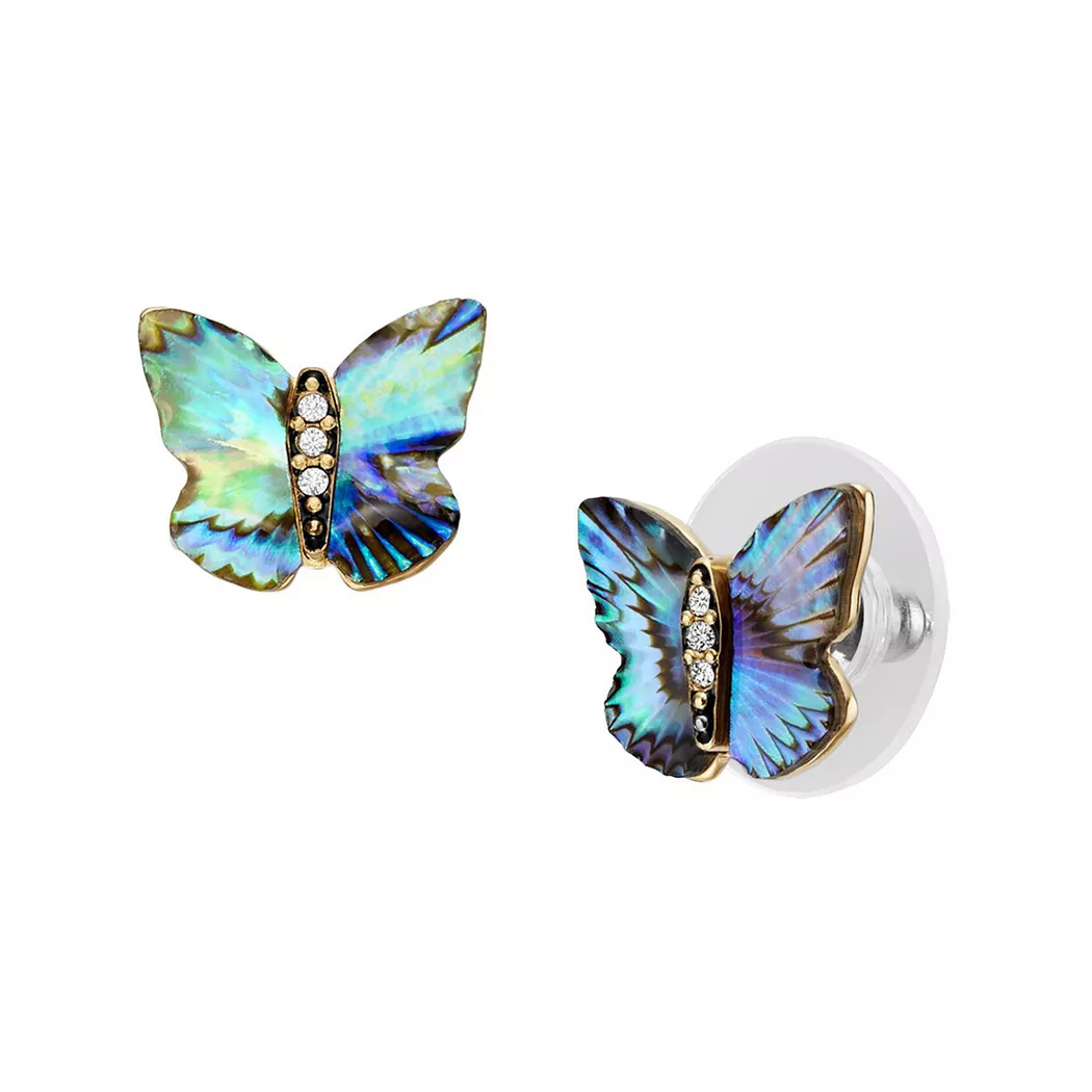Paar Ohrstecker FOSSIL "Schmuck Edelstahl Ohrringe Sutton Schmetterling", bunt (gelbgoldfarben, schwarz, edelstahlfarben, kristallweiß, multicolor, perlmuttfarben, kristallweiß), Ohrringe, Damen, Edelstahl, mit Glasstein - mit Abalone-Perlmutt