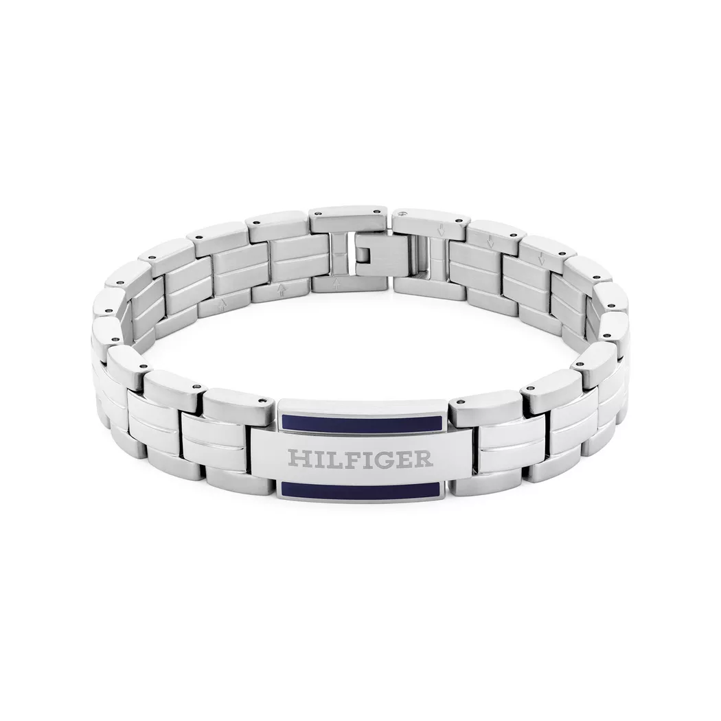 Tommy Hilfiger Parker Mens Stainless Steel Blue Enamel Logo Bracelet 2790600