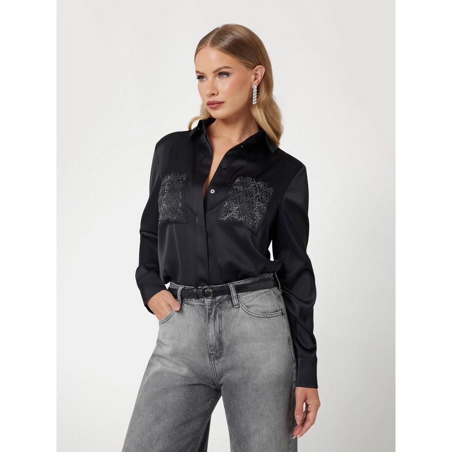 GUESS Camicetta in raso a maniche lunghe con tasche decorate  