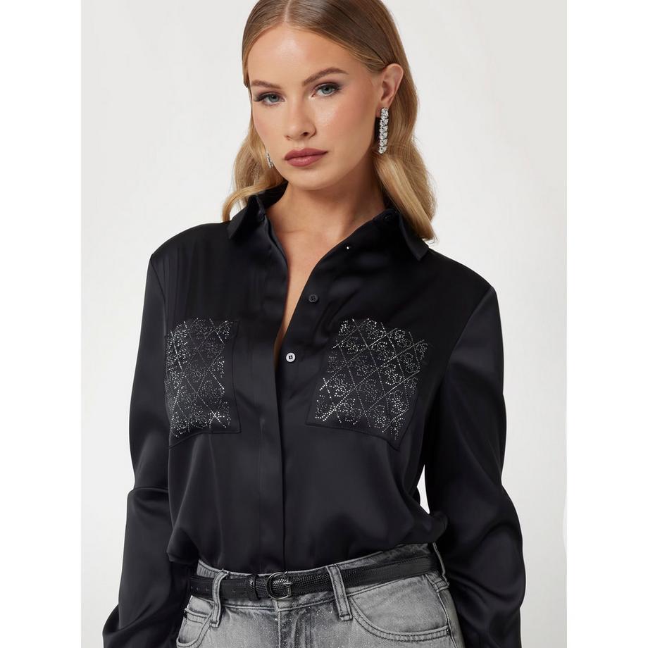 GUESS Camicetta in raso a maniche lunghe con tasche decorate  