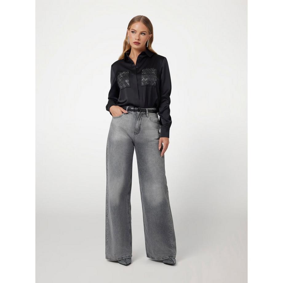 GUESS Camicetta in raso a maniche lunghe con tasche decorate  