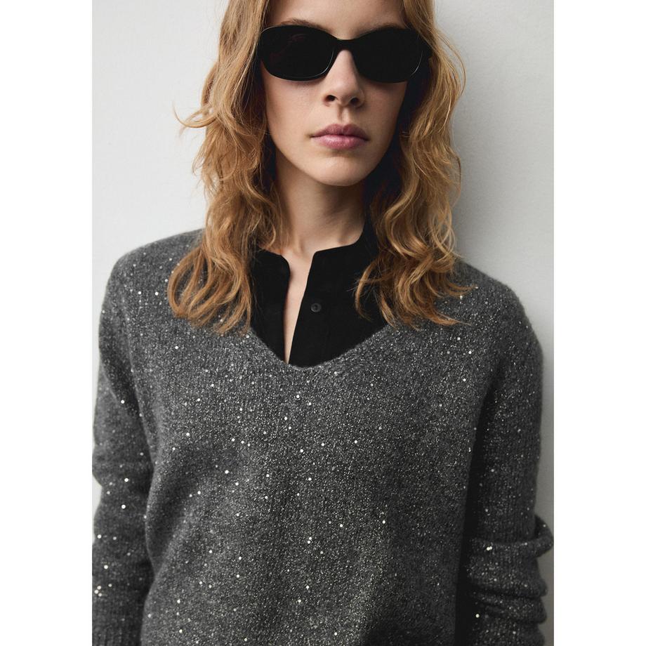 MANGO Edurne Pull Col V à Paillettes  
