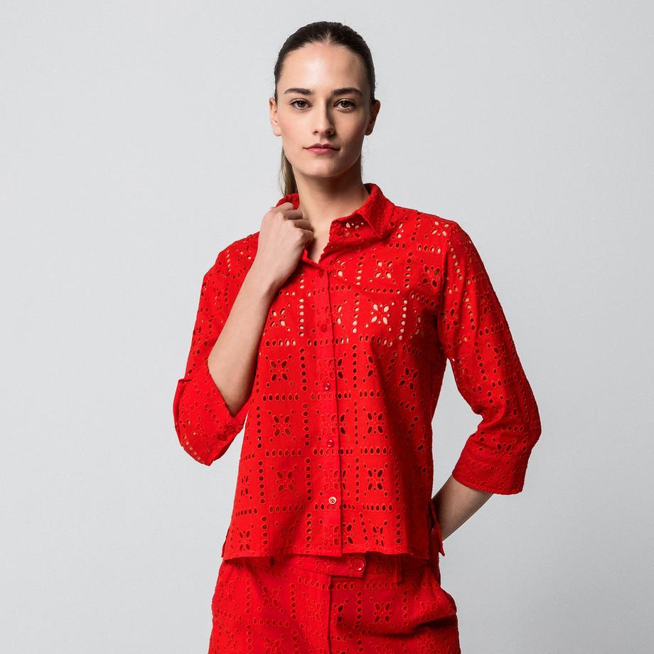 Manor Woman Relaxed Fit Cropped Loch-Spitze Bluse  