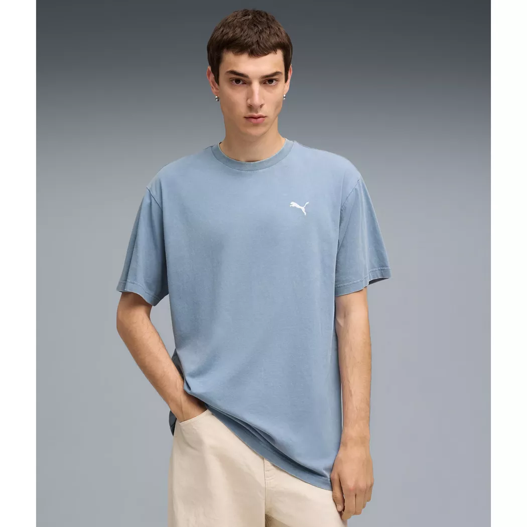 T-Shirt PUMA "ESS ELEVATED RELAXED WASH TEE", Herren, Gr. L, blau (cool blau), Jersey, Obermaterial: 100% Baumwolle, bedruckt, relaxed fit normal, Rundhals, Shirts T-Shirt, Kurzarm, für Freizeitaktivitäten, aus weichem Jersey-Material