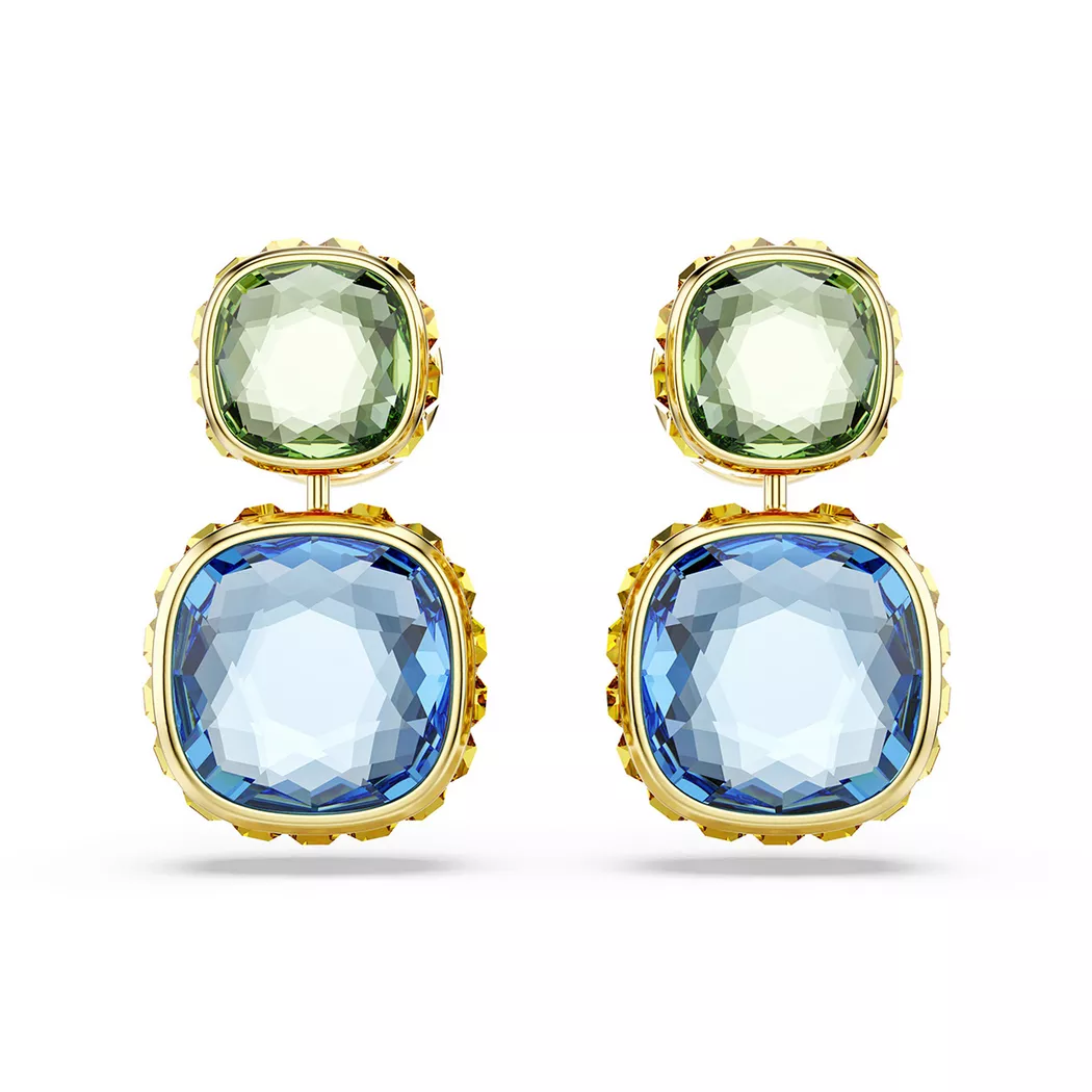Paar Ohrstecker SWAROVSKI "Schmuck Geschenk Chroma Drop-Ohrhänger", gold (gelbgoldfarben, metallfarben, blau, grün, blau, grün), Ohrringe, Damen, Metall, mit Swarovski Kristall - Einhänger drehbar