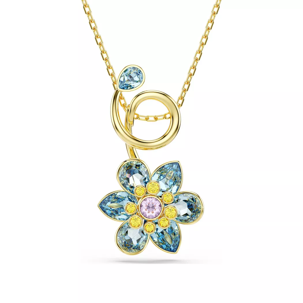 Kette mit Anhänger SWAROVSKI "Schmuck Geschenk Idyllia Anhänger Blume", gold (gelbgoldfarben, blau, gelb, lila), Halsketten, Damen, Metall, L: 49, mit Swarovski Kristall 3