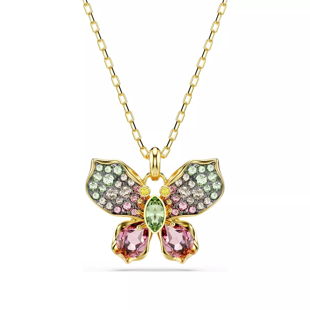 Kette mit Anhänger SWAROVSKI "Schmuck Geschenk Idyllia Anhänger Schmetterling", gold (gelbgoldfarben, grün, rosa, gelb, braun), Halsketten, Damen, Metall, L: 49, mit Swarovski Kristall