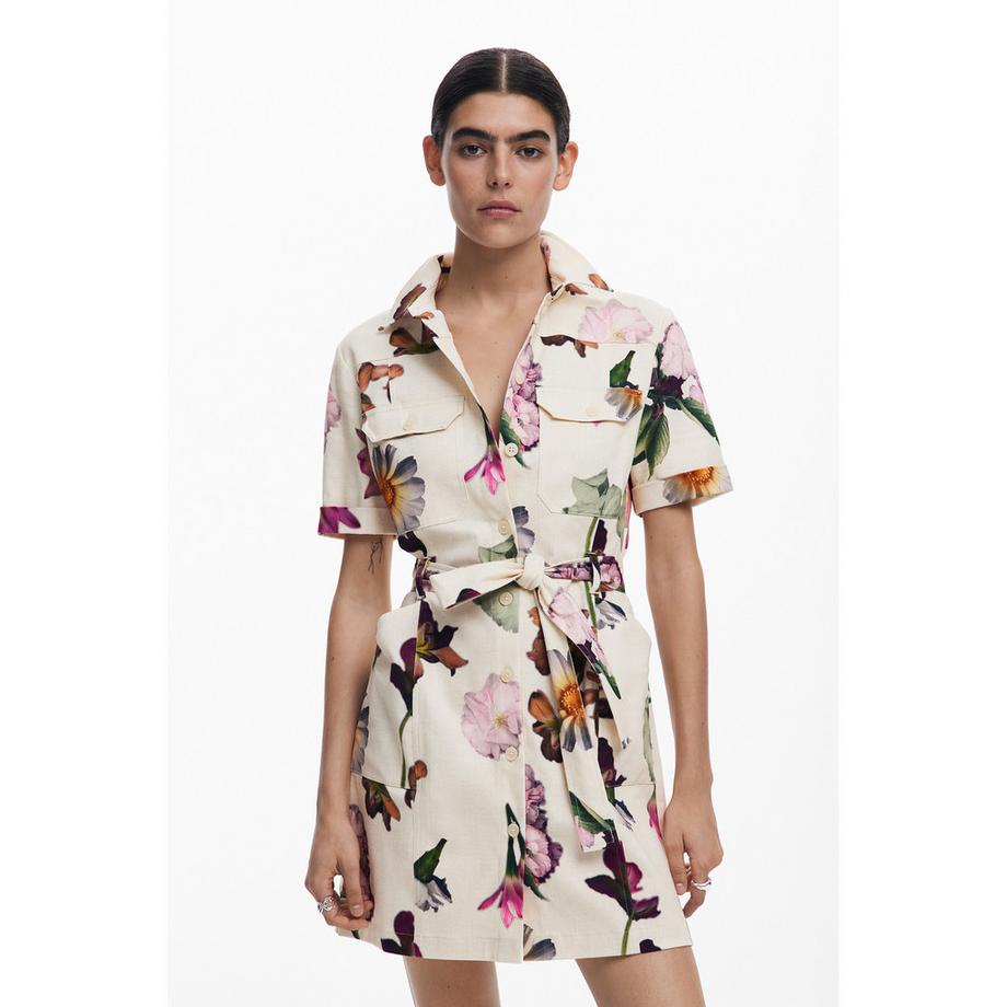 Desigual Geblümtes Kurzarm Hemdblusenkleid mit Gürtel  