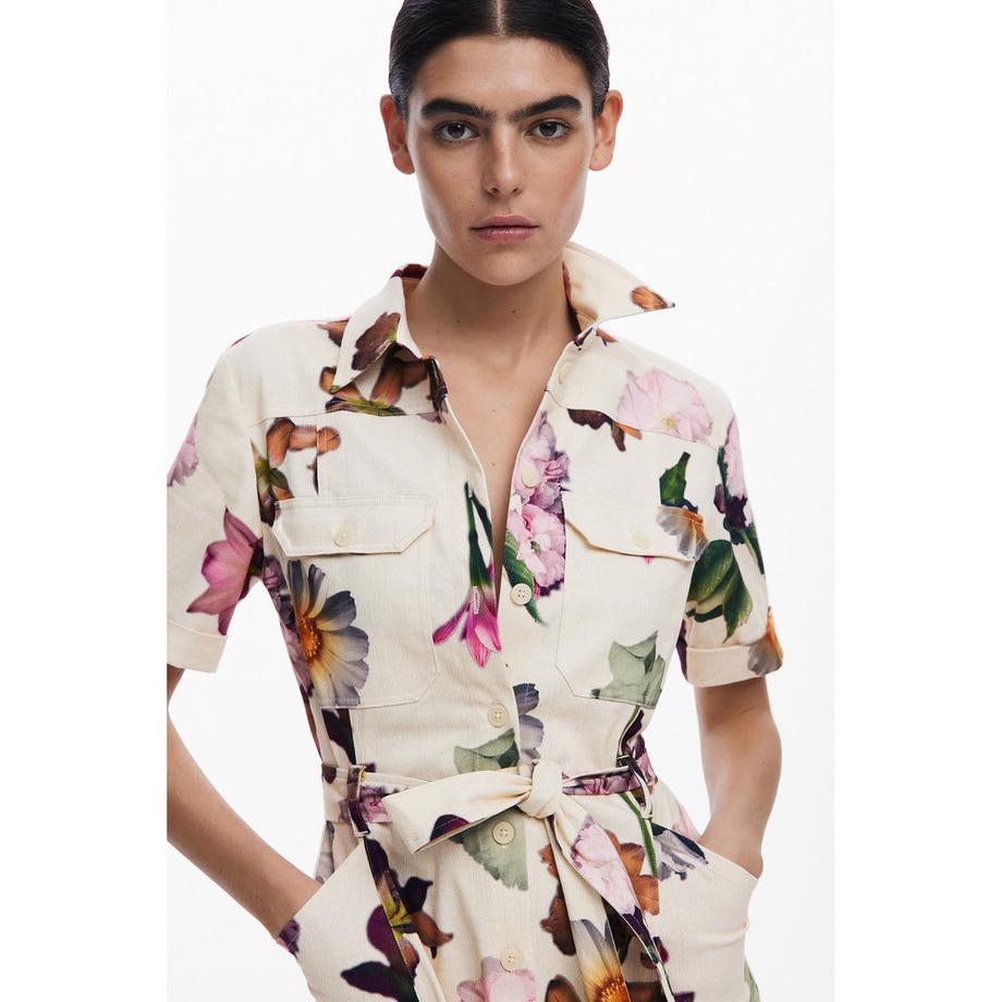 Desigual Geblümtes Kurzarm Hemdblusenkleid mit Gürtel  