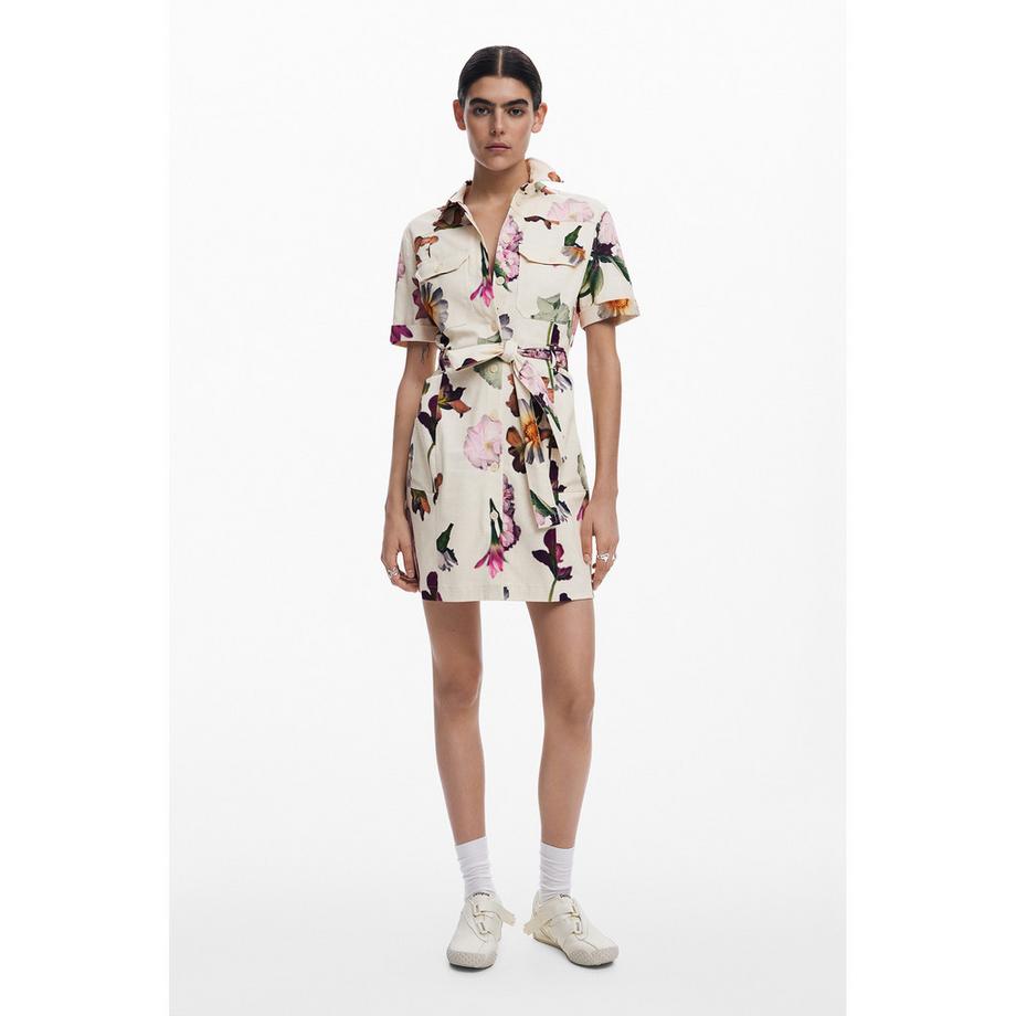 Desigual Geblümtes Kurzarm Hemdblusenkleid mit Gürtel  