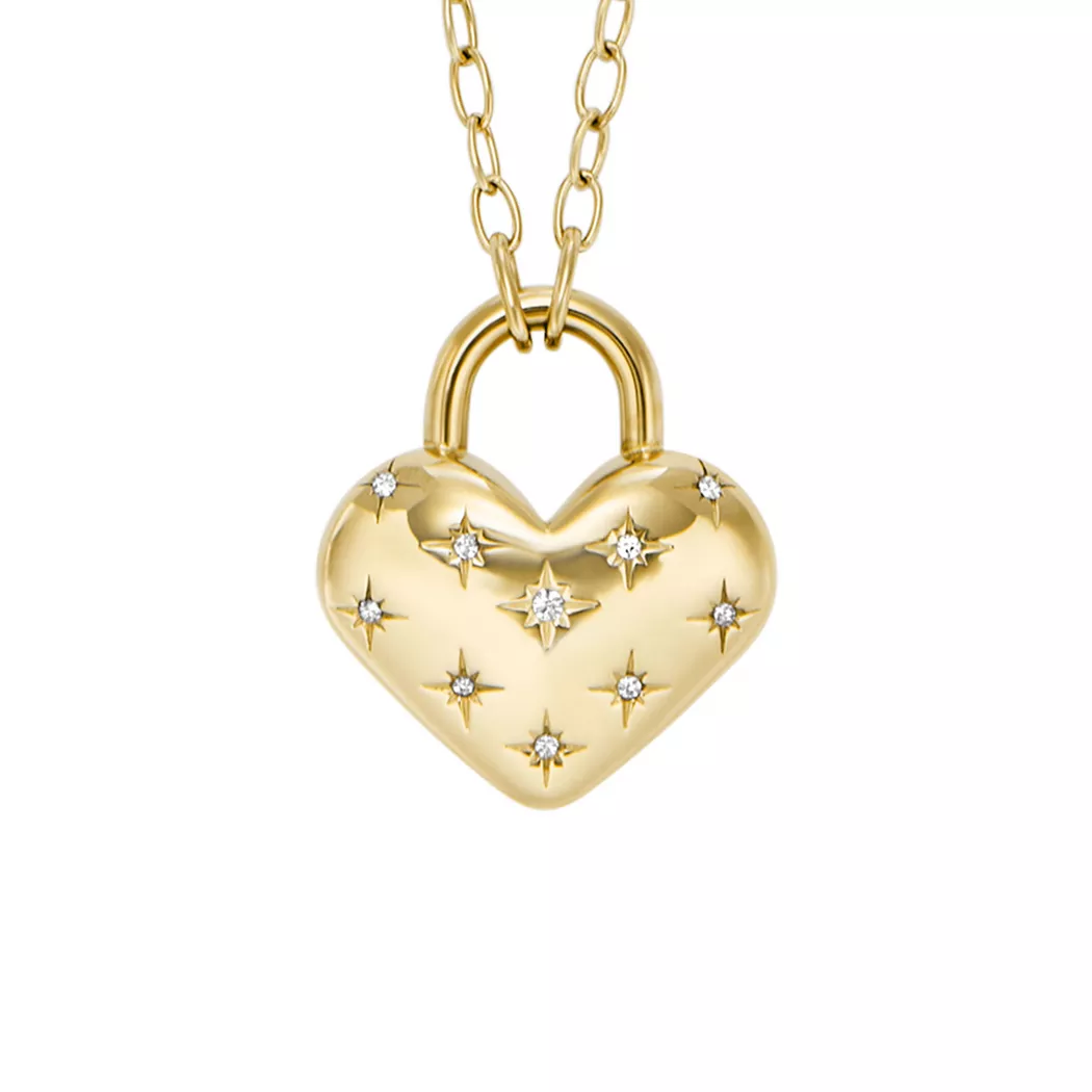 Kette mit Anhänger FOSSIL "Schmuck Geschenk Edelstahl SADIE Herz", gold (gelbgoldfarben, kristallweiß), Halsketten, Damen, Edelstahl, L: 71 B: 2,5mm, mit Glasstein, B:2,5mm