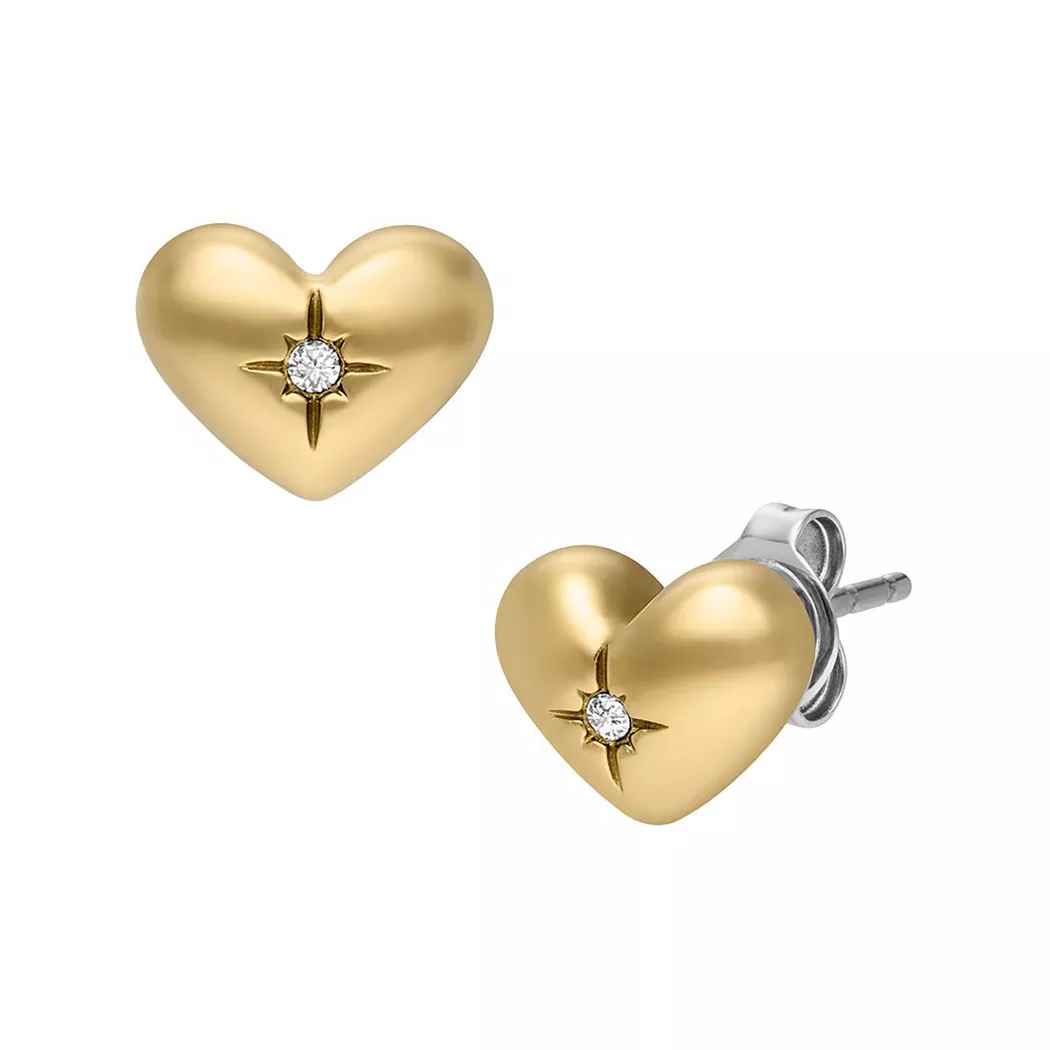 Paar Ohrstecker FOSSIL "Schmuck Geschenk Edelstahl Ohrringe SADIE Herz", gold (gelbgoldfarben, edelstahlfarben, kristallweiß, kristallweiß), Ohrringe, Damen, Edelstahl, mit Glasstein