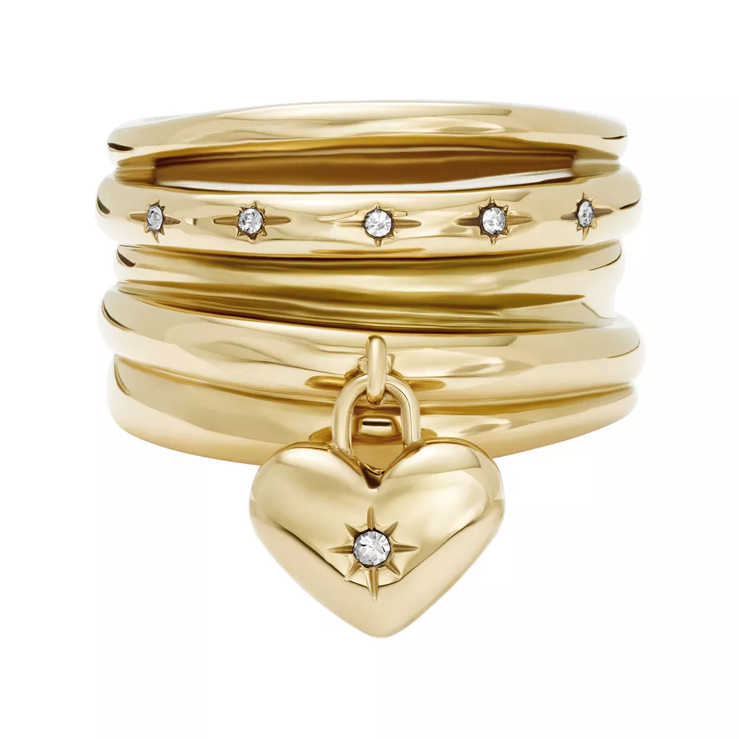 Fingerring FOSSIL "Schmuck Geschenk Edelstahl Ring SADIE" Gr. 19, gold (gelbgoldfarben, kristallweiß), Fingerringe, Damen, 19, Edelstahl, 11mm, Fingerring, mit Glasstein