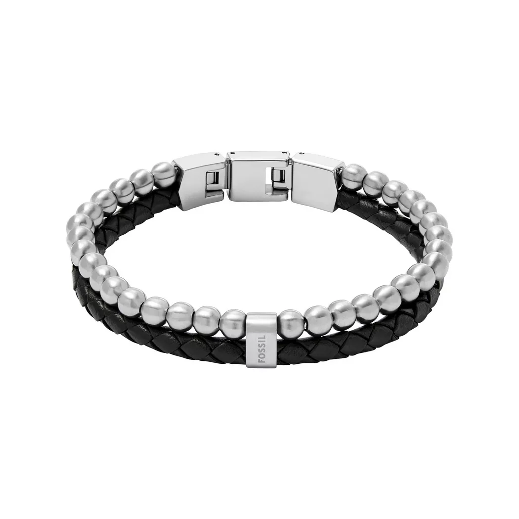 Armband FOSSIL "Schmuck Geschenk Edelstahl Leder Armschmuck JEWELRY", schwarz (edelstahlfarben, schwarz), Armbänder, Damen, 21,5cm, Edelstahl Leder, Edelstahl, Leder, Armband 2