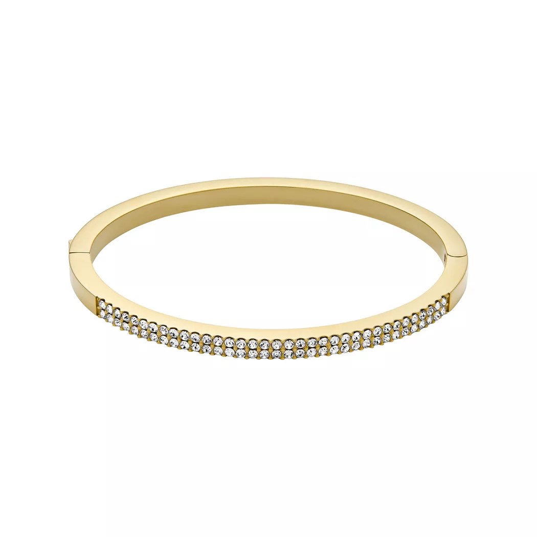 Armreif FOSSIL "Schmuck Geschenk Edelstahl ELLIS", gold (gelbgoldfarben, kristallweiß, kristallweiß), Armbänder, Damen, Edelstahl, Armreif, mit Glasstein