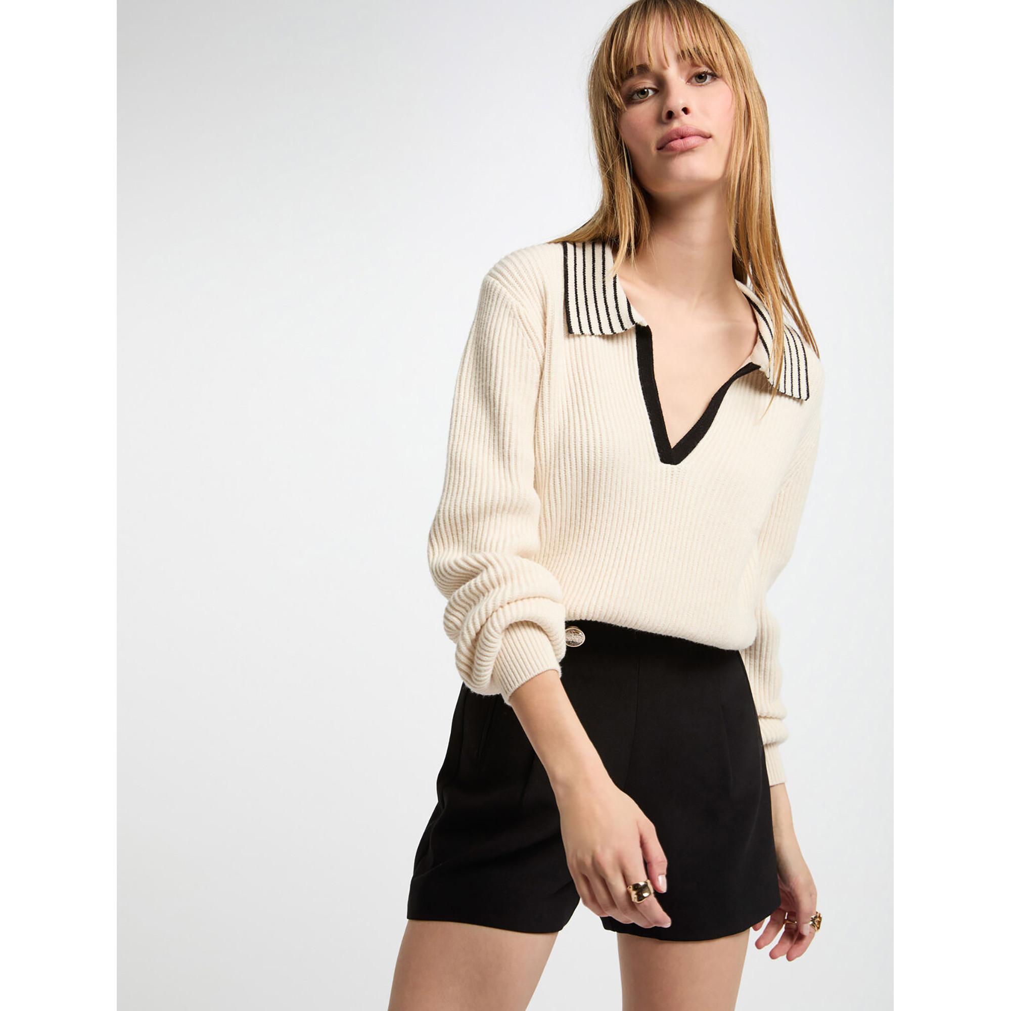 Pull Femme Morgan - Col V, Manches Bouffantes Et Boutons Décoratifs - Style Élégant Et Confortable