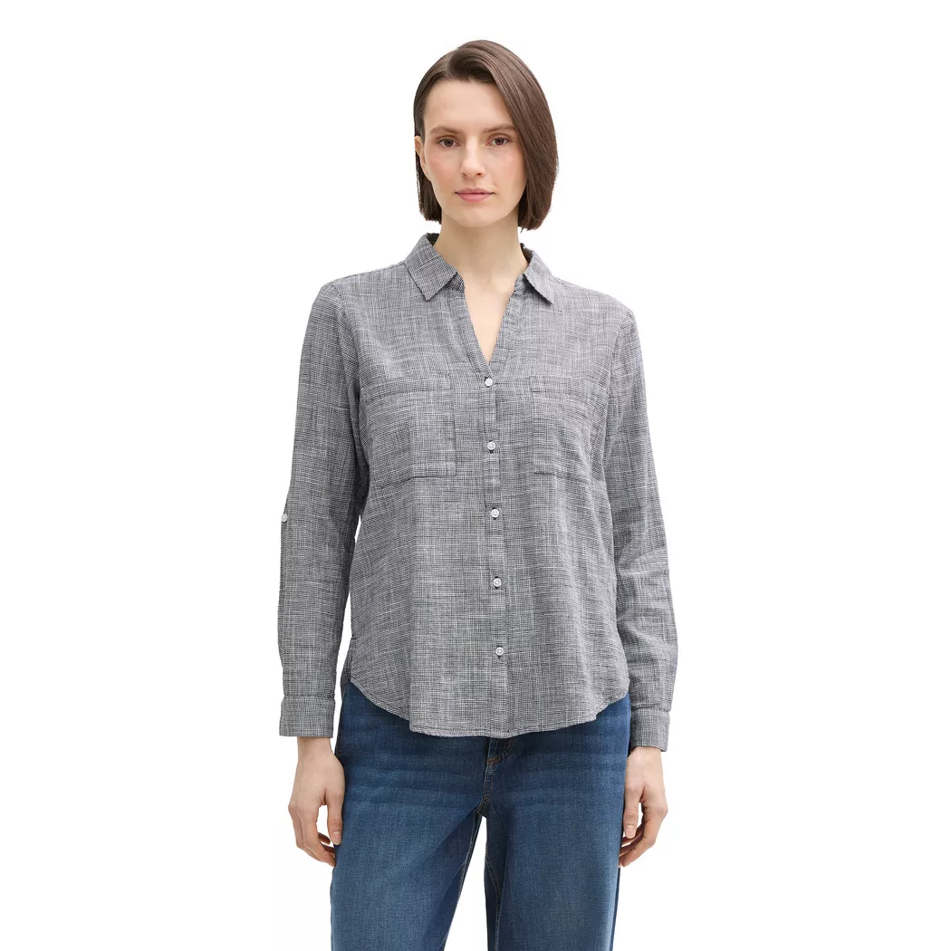 Tom Tailor Chemisier à Manches Longues With Slub Structure 1035247 Midnight Navy Blue 38 Femme
