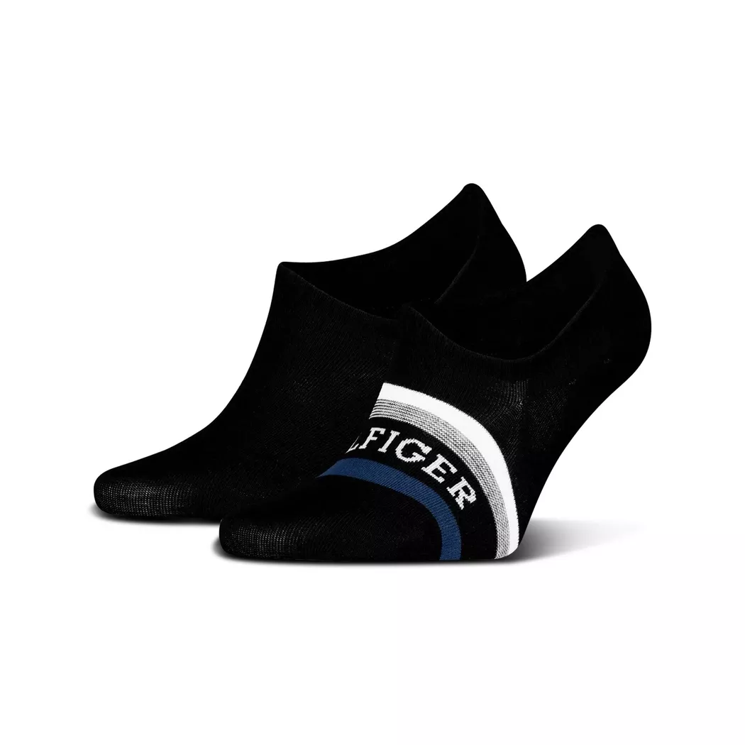 Füßlinge TOMMY HILFIGER "TH MEN FOOTIE 2P HILFIGER TAB", Herren, Gr. 43-46, schwarz, Baumwolle, Elasthan, Polyamid, gestreift, unifarben mit Farbeinsatz, Socken, mit Anti-Rutsch Technologie